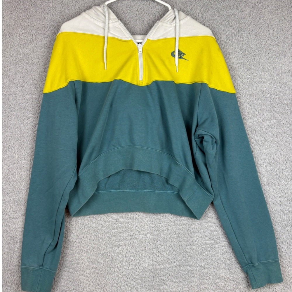 Nike Hoodie Womens XL Teal Yellow Colorblock Half Zip Cropped Pullover Retro